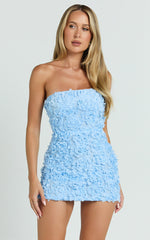 Cassia Mini Dress - Strapless 3D Floral Lace Up Back Dress in Pale Blue