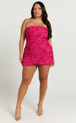 Cassia Mini Dress - Strapless 3D Floral Lace Up Back Dress in Pink