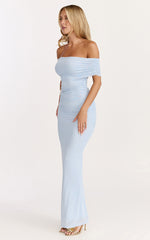 Caterina Maxi - Ruched Off Shoulder Mesh Dress in Pale Blue