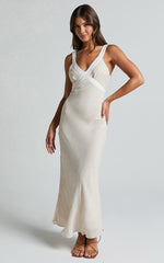 Chakyra Midi Linen Blend Dress - Contrast Strap Bias Cut Column Dress in Beige with White Contrast