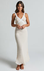 Chakyra Midi Linen Blend Dress - Contrast Strap Bias Cut Column Dress in Beige with White Contrast