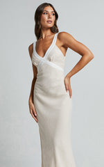 Chakyra Midi Linen Blend Dress - Contrast Strap Bias Cut Column Dress in Beige with White Contrast