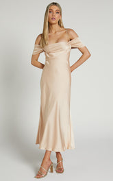 Chaney Midi Dress - Bardot Tie Back Detail Bias Cut Dress in Champagne