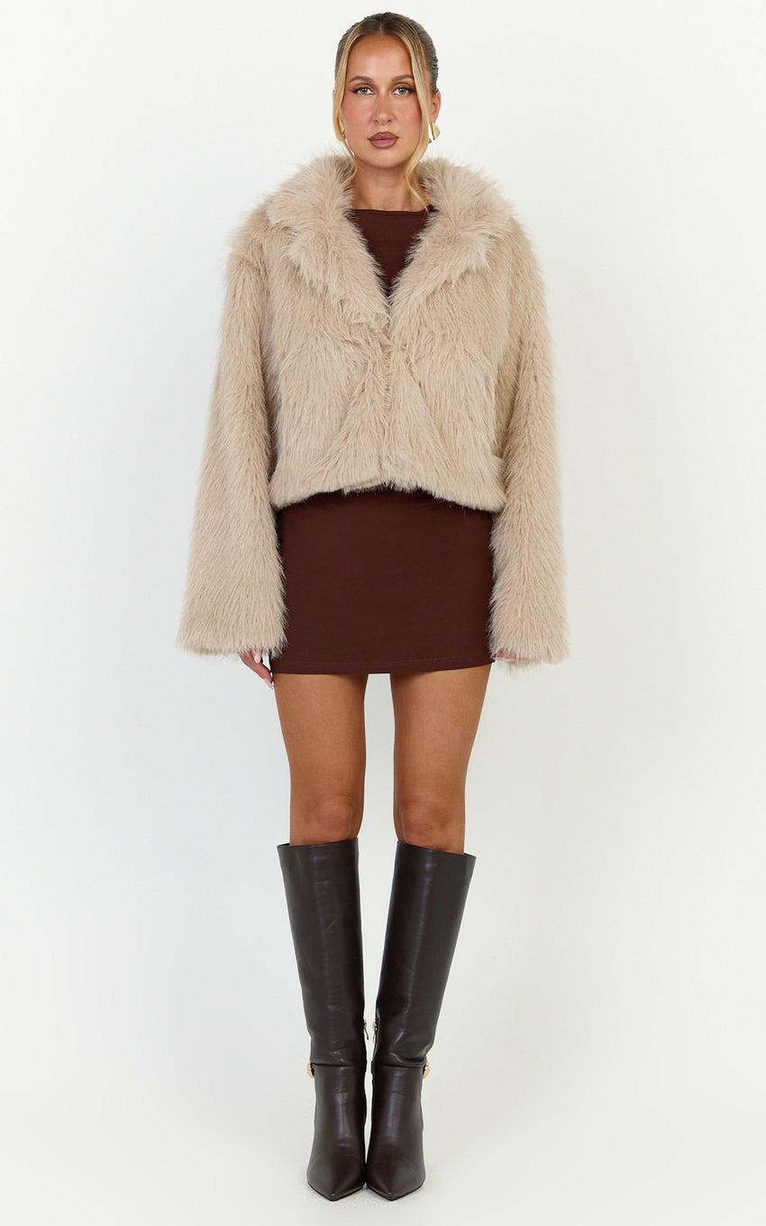 Charisse Coat - Oversized Crop Faux Fur Coat in Light Brown