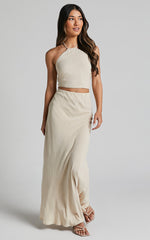 Chelsea Two Piece Set - Linen Halter Neck Top and Bias Cut Sheer Maxi Skirt in Natural