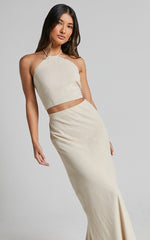 Chelsea Two Piece Set - Linen Halter Neck Top and Bias Cut Sheer Maxi Skirt in Natural