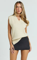 Chenelle Top - Sleeveless Knit Sweater Vest in Stone