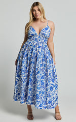 Cheri Midi Dress - Strappy Fit and Flare Tiered Dress in Blue Floral