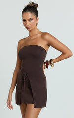 Chloe Mini Dress - Strapless Asymmetric Front Wrap Knit Dress in Chocolate