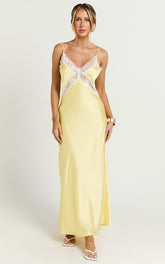 Christy Midi Dress - V Neck Lace Detail Slip Dress in Lemon