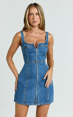 Chrysoula Mini Dress - Square Neck Zip Front Sleeveless Bodycon Denim in Mid Blue Wash