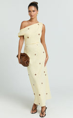 Cia Midi Dress - One Shoulder Dress in Yellow Choc Polka Dot