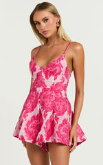 Ciara Playsuit - Strappy Plunge Flare Leg Playsuit in Pink