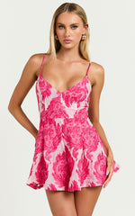 Ciara Playsuit - Strappy Plunge Flare Leg Playsuit in Pink
