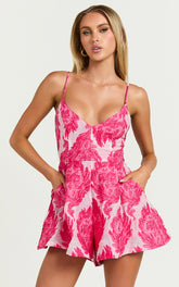 Ciara Playsuit - Strappy Plunge Flare Leg Playsuit in Pink