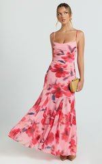Claudia Maxi Dress - Floral Cowl Neck Godet Dress in Pink Floral
