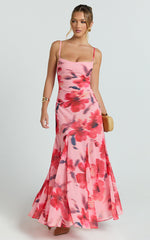 Claudia Maxi Dress - Floral Cowl Neck Godet Dress in Pink Floral