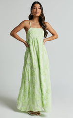 Claya Midi Dress - Sleeveless Straight Neckline Floral Detail Dress in Lime