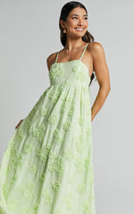 Claya Midi Dress - Sleeveless Straight Neckline Floral Detail Dress in Lime