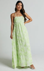 Claya Midi Dress - Sleeveless Straight Neckline Floral Detail Dress in Lime