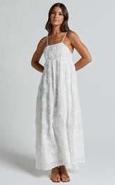 Claya Midi Dress - Sleeveless Straight Neckline Floral Detail Dress in White Embroidery