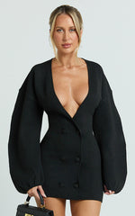 Colette Mini Dress - Wrap Front Cocoon Sleeve Button Front Knit Dress in Black