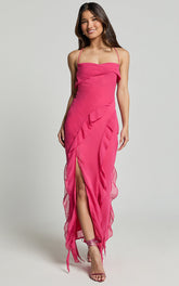 Connie Midi Dress - Ruffle Detail Dress in Hot Pink