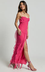 Connie Midi Dress - Ruffle Detail Dress in Hot Pink