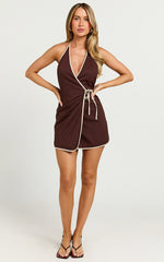 Connie Mini Dress - Linen Halter Neck Wrap Dress in Chocolate