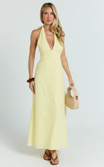 Connor Midi Dress - Halter Neck Tie Back Dress in Lemon