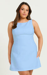 Freddie Mini Dress - Boat Neck Fit and Flare Dress in Blue