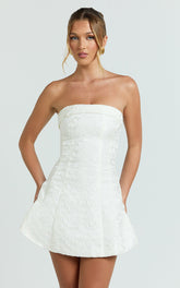 Courtney Mini Dress - Satin Paneled Strapless A Line Dress in White