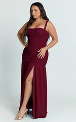 Cardi Maxi Dress - Ruched Mesh High Leg Split Dress in Wine