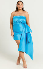 Jayce Mini Dress - Strapless Drape Dress in Blue