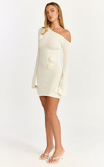 Daisy Mini Dress - Tipped Shoulder 3D Floral Knit Dress in Cream