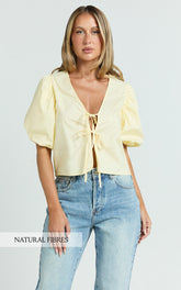 Dana Top - Bow Tie Front Puff Sleeve Blouse in Lemon