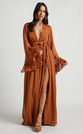 Dangerous Woman Maxi Dress - Plunge Thigh Split Dress in Rust