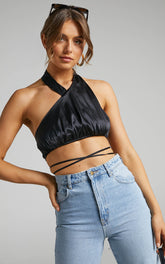 Danielle Bernstein - High Neck Stretch Charmeuse Halter Top in Black