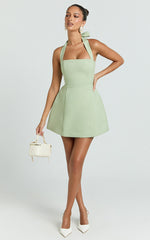 Dante Mini Dress - Halter Neck Tie Tulip Skirt Dress in Sage