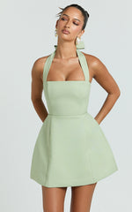 Dante Mini Dress - Halter Neck Tie Tulip Skirt Dress in Sage