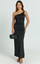 Debbie Midi Dress - One Shoulder Hardware Detail Dress in Black