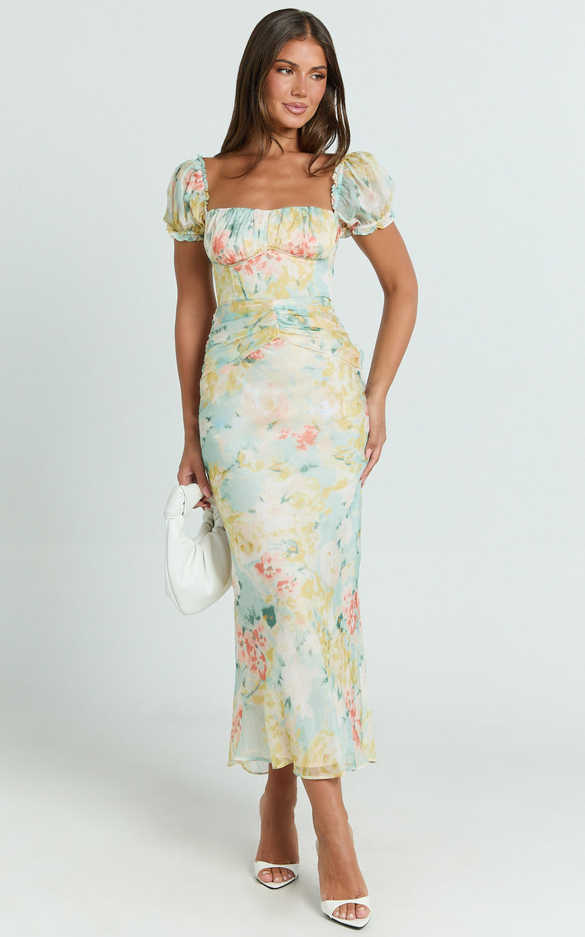 Debina Midi Dress - Sweetheart Neckline Short Sleeve Dress in Yellow