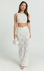 Demetria Two Piece Top and Skirt Set - Boat Neck Crop Top and Gathered Waist Maxi Skirt Set in White