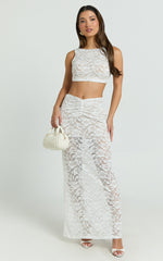 Demetria Two Piece Top and Skirt Set - Boat Neck Crop Top and Gathered Waist Maxi Skirt Set in White