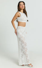 Demetria Two Piece Top and Skirt Set - Boat Neck Crop Top and Gathered Waist Maxi Skirt Set in White