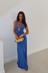 Denise Maxi Dress - Halter U Ruched Neck Cut Out Jersey Dress in Blue