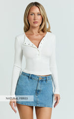 Diana Top - Long Sleeve Cropped Henley Top in White
