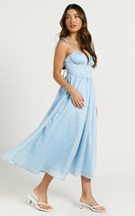 Dolores Midi Dress - Strappy Ruched Bust Corset Waist Dress in Blue