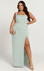 Donna Maxi Dress - Cowl Neck Column High Split Dress in Sage
