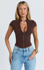 Duncan Top - Cap Sleeve Slit Neck Zip Front Top in Chocolate